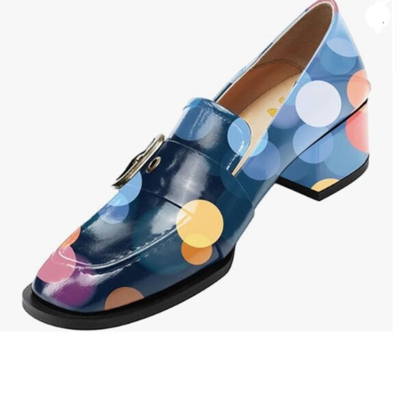 YDN Shoes - YDN Blue Print Polka Dot Square Toe Loafers Slip on Block Low Heel Buckle Pumps